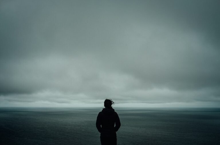 Silhouette seule face à une mer grise sous un ciel chargé